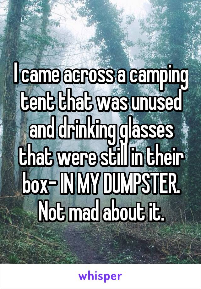 I came across a camping tent that was unused and drinking glasses that were still in their box- IN MY DUMPSTER. Not mad about it.