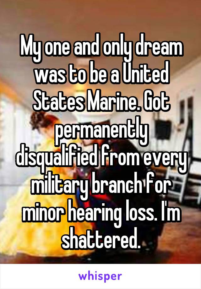 My one and only dream was to be a United States Marine. Got permanently disqualified from every military branch for minor hearing loss. I'm shattered.