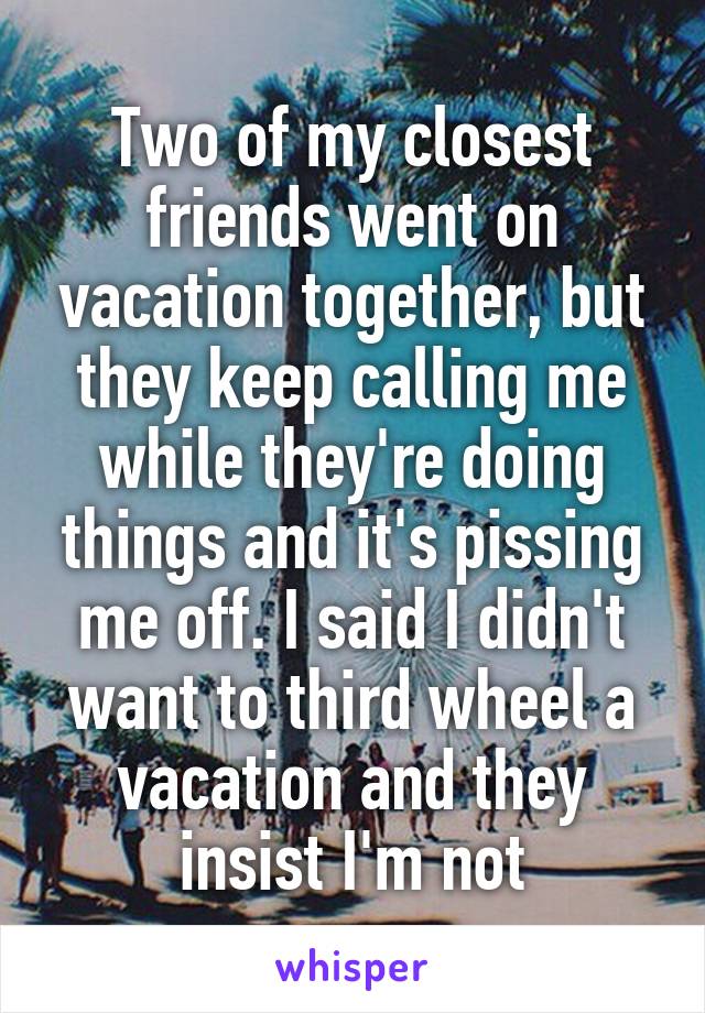 Two of my closest friends went on vacation together, but they keep calling me while they're doing things and it's pissing me off. I said I didn't want to third wheel a vacation and they insist I'm not