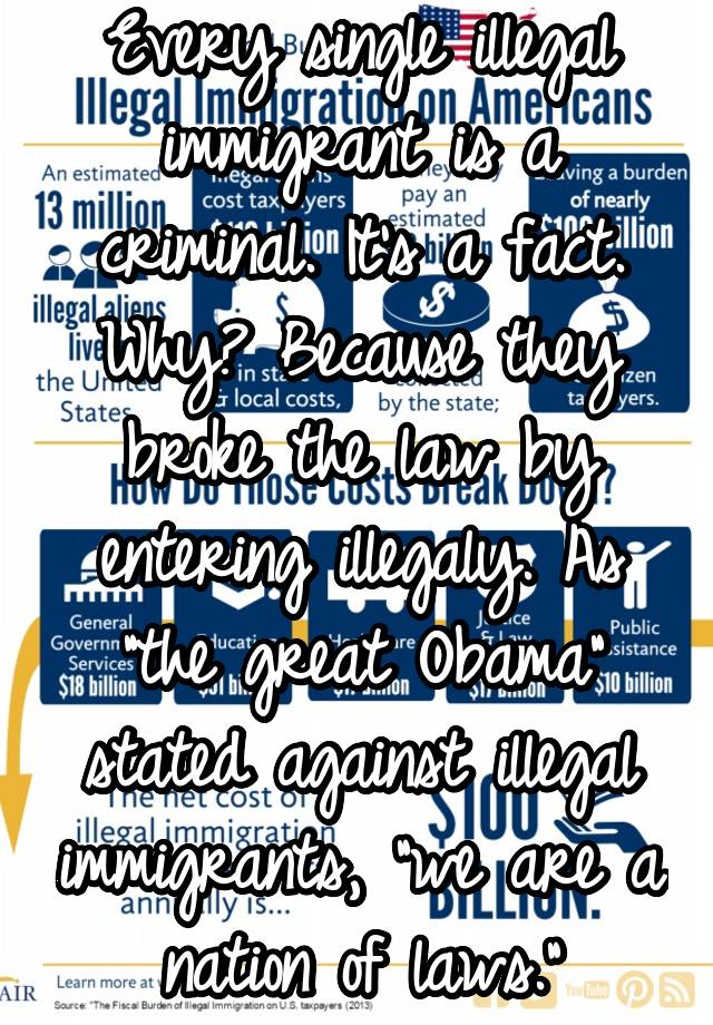 Every single illegal immigrant is a criminal. It's a fact. Why? Because they broke the law by entering illegaly. As "the great Obama" stated against illegal immigrants, "we are a nation of laws."