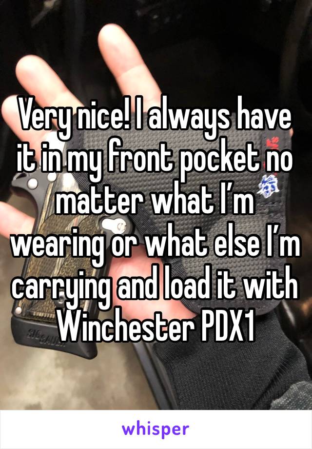 Very nice! I always have it in my front pocket no matter what I’m wearing or what else I’m carrying and load it with Winchester PDX1