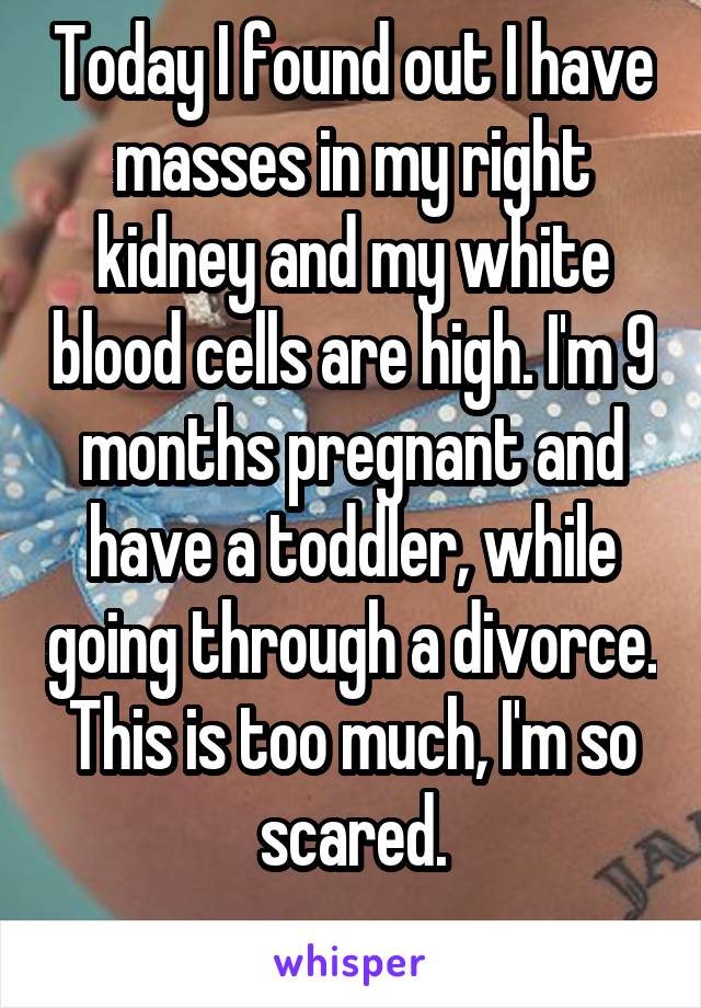 Today I found out I have masses in my right kidney and my white blood cells are high. I'm 9 months pregnant and have a toddler, while going through a divorce. This is too much, I'm so scared.
