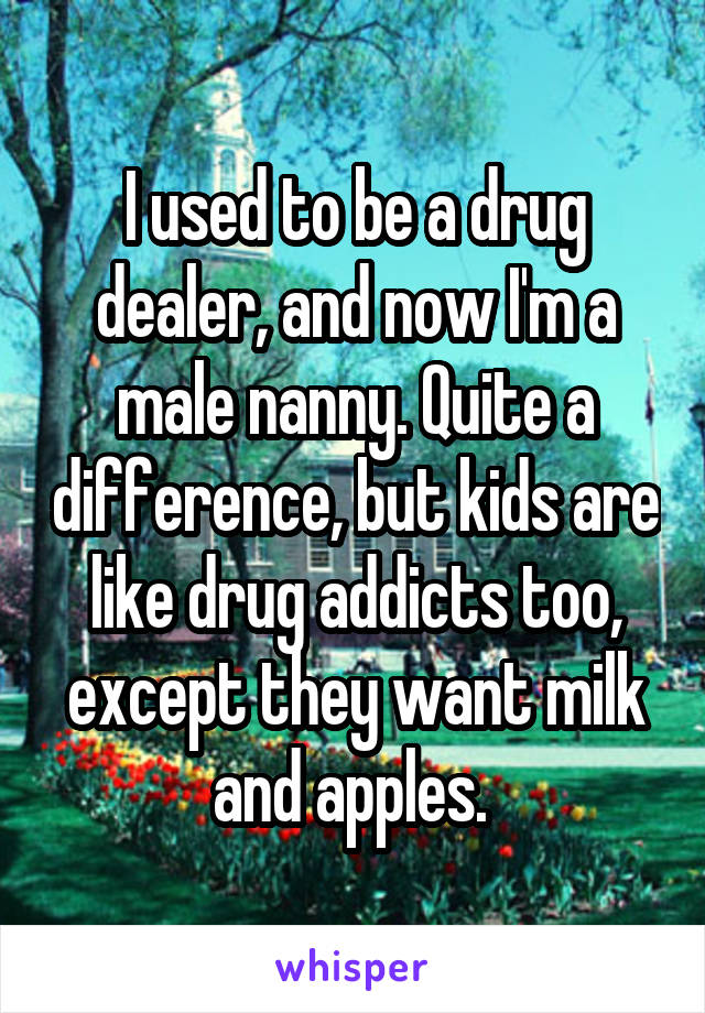 I used to be a drug dealer, and now I'm a male nanny. Quite a difference, but kids are like drug addicts too, except they want milk and apples. 