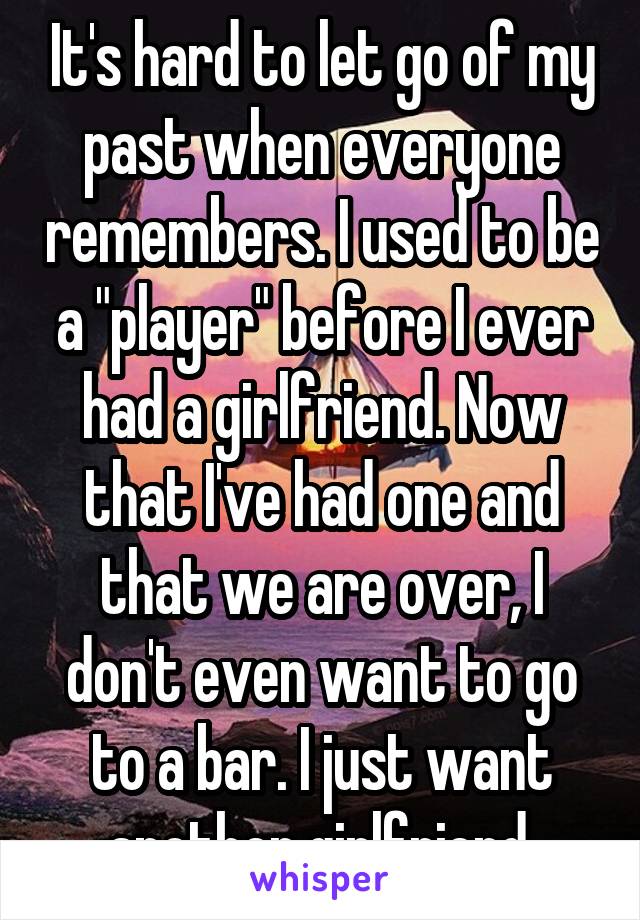 It's hard to let go of my past when everyone remembers. I used to be a "player" before I ever had a girlfriend. Now that I've had one and that we are over, I don't even want to go to a bar. I just want another girlfriend.