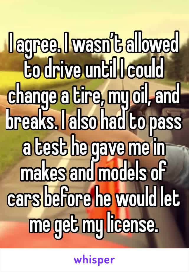 I agree. I wasn’t allowed to drive until I could change a tire, my oil, and breaks. I also had to pass a test he gave me in makes and models of cars before he would let me get my license.