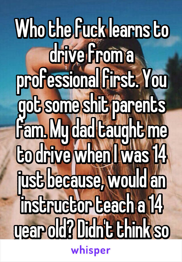 Who the fuck learns to drive from a professional first. You got some shit parents fam. My dad taught me to drive when I was 14 just because, would an instructor teach a 14 year old? Didn't think so