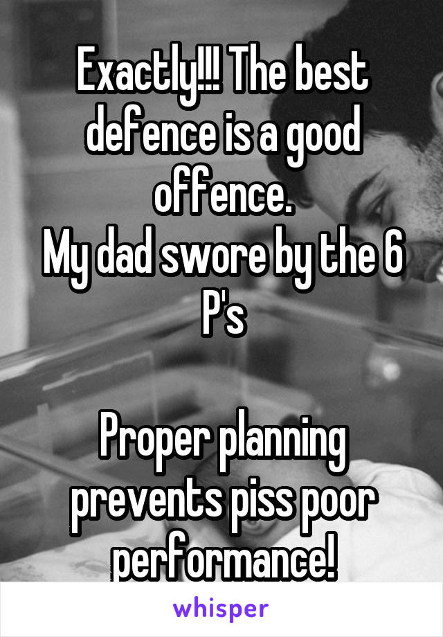 Exactly!!! The best defence is a good offence.
My dad swore by the 6 P's

Proper planning prevents piss poor performance!