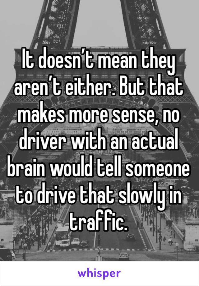 It doesn’t mean they aren’t either. But that makes more sense, no driver with an actual brain would tell someone to drive that slowly in traffic. 