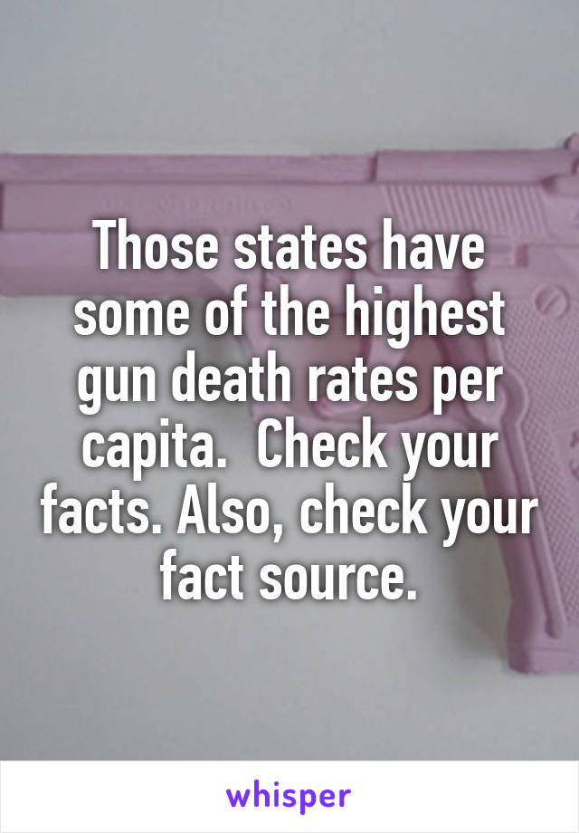 Those states have some of the highest gun death rates per capita.  Check your facts. Also, check your fact source.