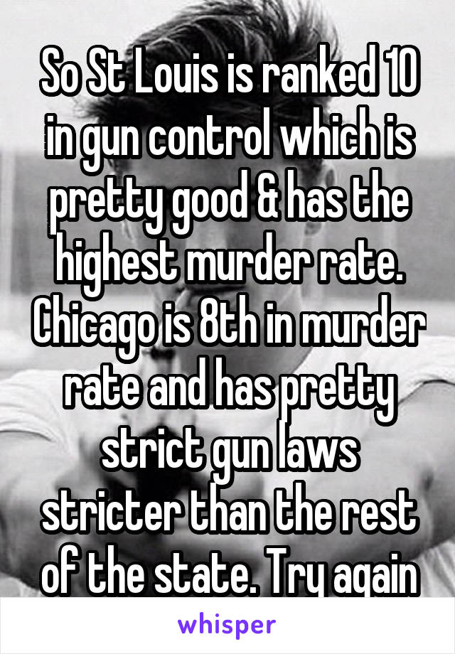 So St Louis is ranked 10 in gun control which is pretty good & has the highest murder rate. Chicago is 8th in murder rate and has pretty strict gun laws stricter than the rest of the state. Try again