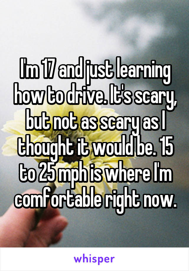 I'm 17 and just learning how to drive. It's scary, but not as scary as I thought it would be. 15 to 25 mph is where I'm comfortable right now.