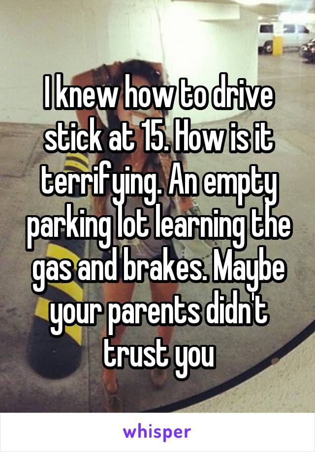 I knew how to drive stick at 15. How is it terrifying. An empty parking lot learning the gas and brakes. Maybe your parents didn't trust you