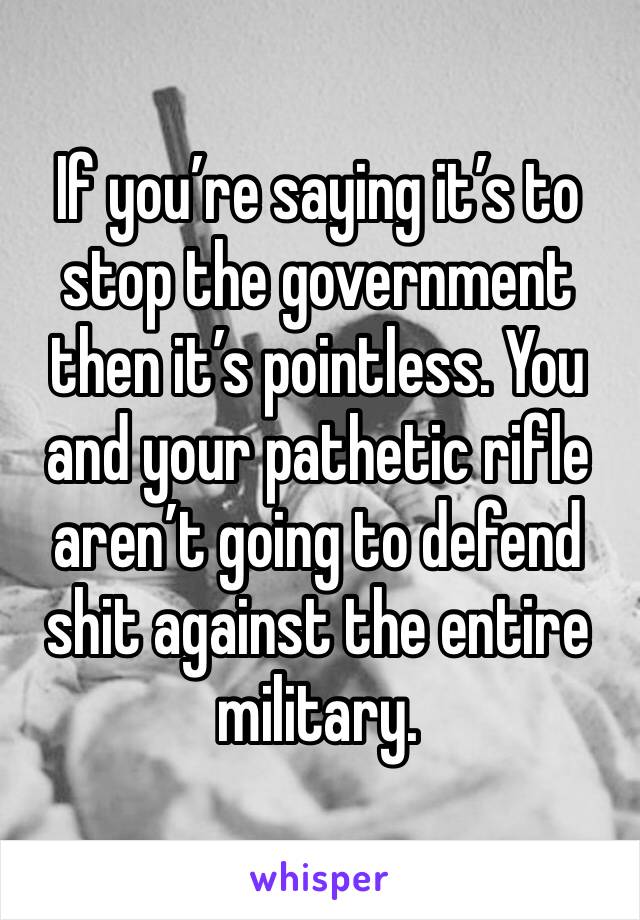 If you’re saying it’s to stop the government then it’s pointless. You and your pathetic rifle aren’t going to defend shit against the entire military.