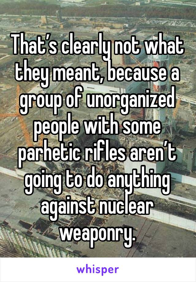 That’s clearly not what they meant, because a group of unorganized people with some parhetic rifles aren’t going to do anything against nuclear weaponry.