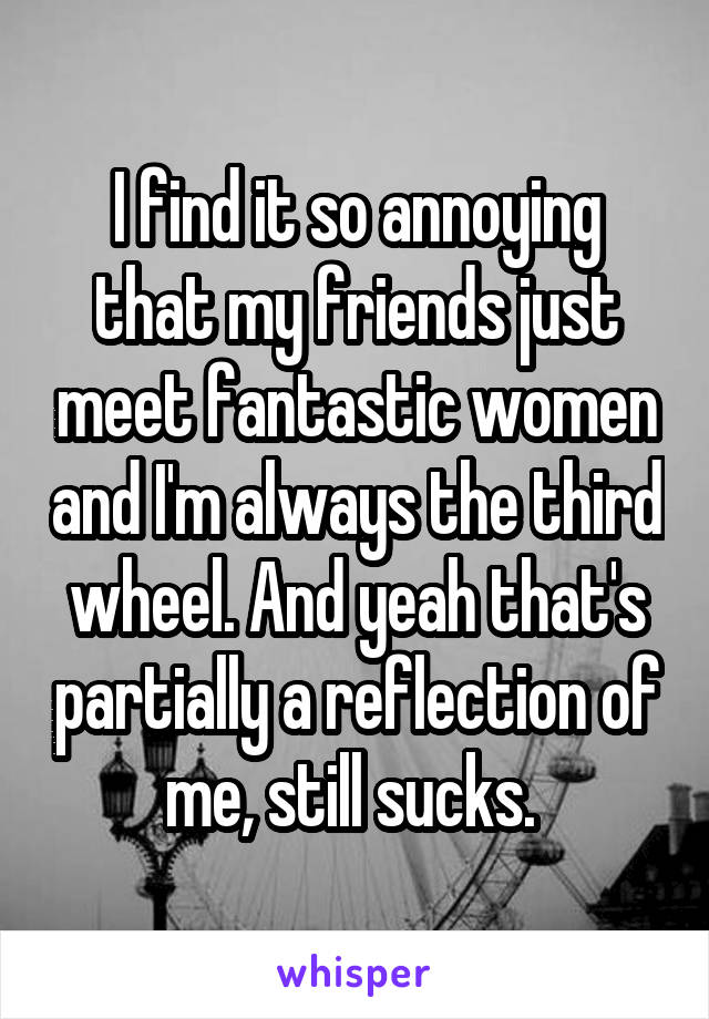 I find it so annoying that my friends just meet fantastic women and I'm always the third wheel. And yeah that's partially a reflection of me, still sucks. 