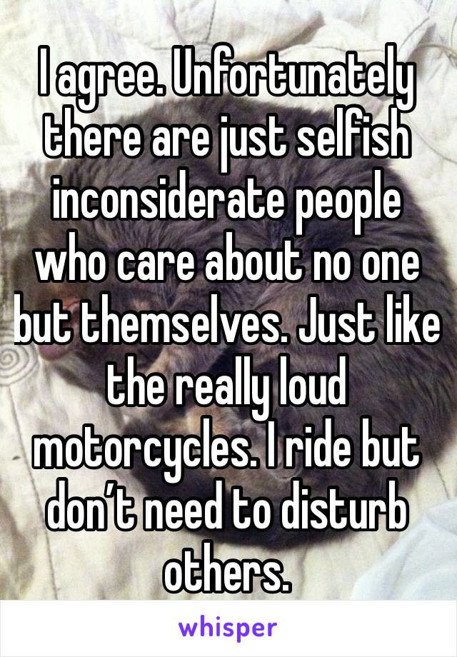 I agree. Unfortunately there are just selfish inconsiderate people who care about no one but themselves. Just like the really loud motorcycles. I ride but don’t need to disturb others. 