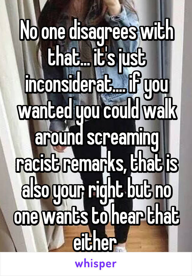 No one disagrees with that... it's just inconsiderat.... if you wanted you could walk around screaming racist remarks, that is also your right but no one wants to hear that either 