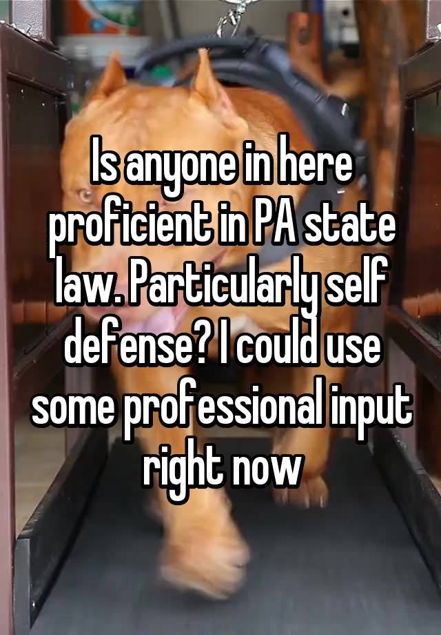 Is anyone in here proficient in PA state law. Particularly self defense? I could use some professional input right now