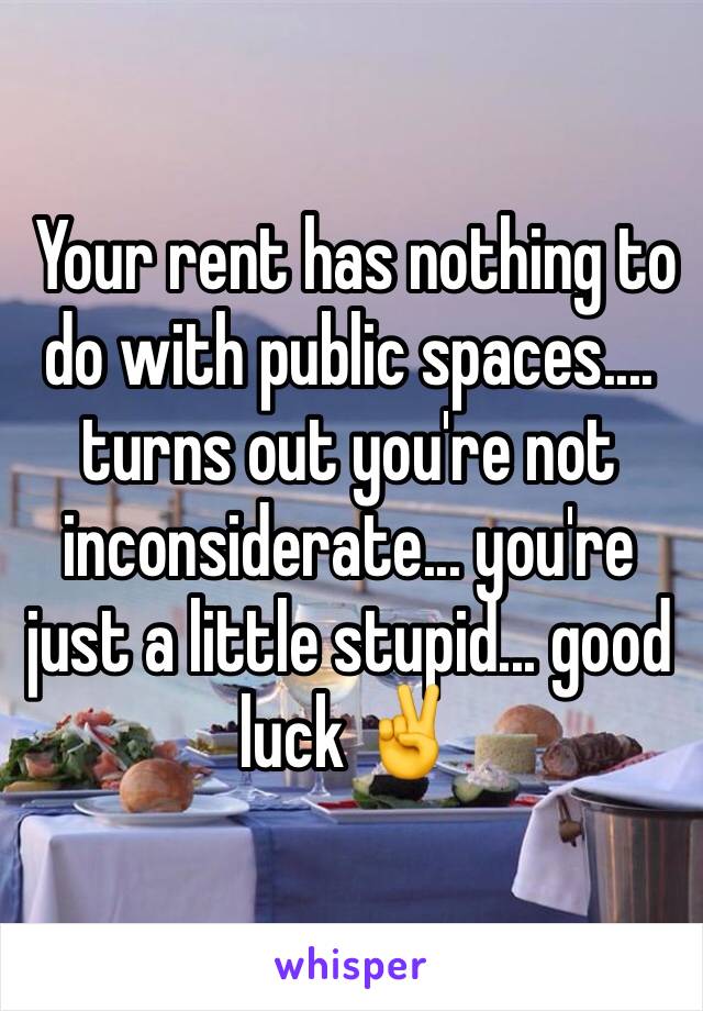  Your rent has nothing to do with public spaces.... turns out you're not inconsiderate... you're just a little stupid... good luck ✌️