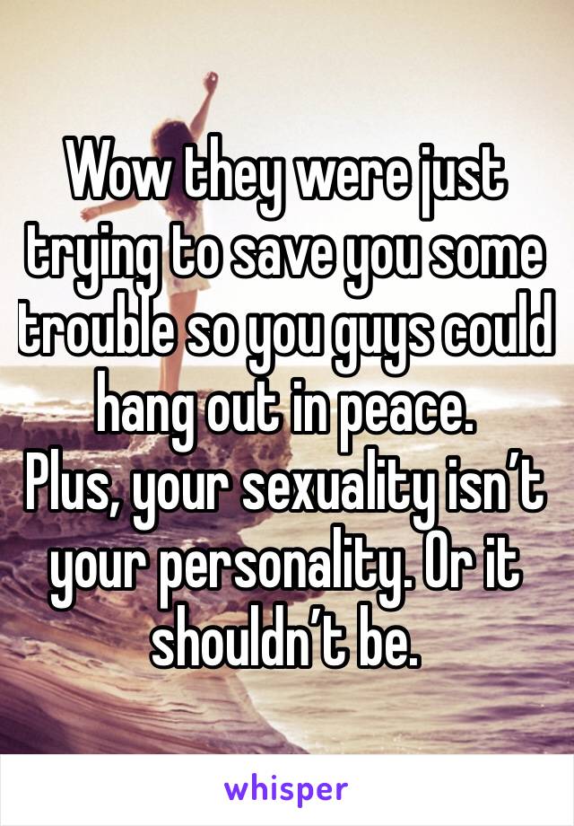 Wow they were just trying to save you some trouble so you guys could hang out in peace. 
Plus, your sexuality isn’t your personality. Or it shouldn’t be. 