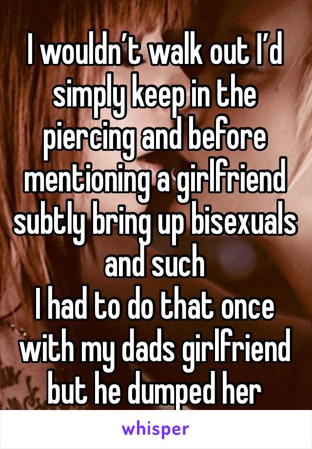 I wouldn’t walk out I’d simply keep in the piercing and before mentioning a girlfriend subtly bring up bisexuals and such
I had to do that once with my dads girlfriend but he dumped her 