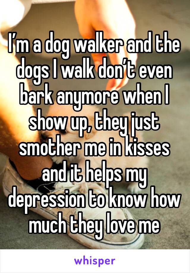 I’m a dog walker and the dogs I walk don’t even bark anymore when I show up, they just smother me in kisses and it helps my depression to know how much they love me