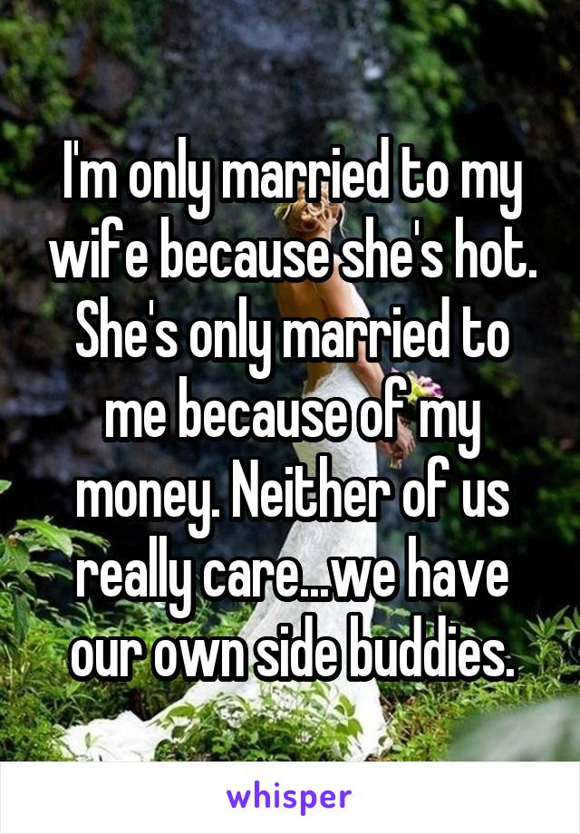 I'm only married to my wife because she's hot. She's only married to me because of my money. Neither of us really care...we have our own side buddies.