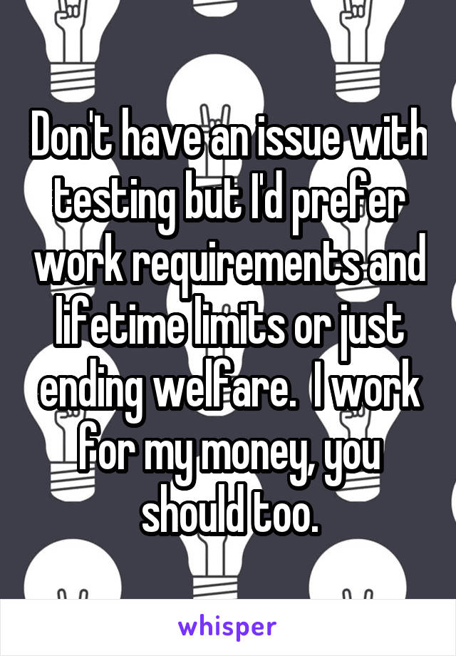 Don't have an issue with testing but I'd prefer work requirements and lifetime limits or just ending welfare.  I work for my money, you should too.