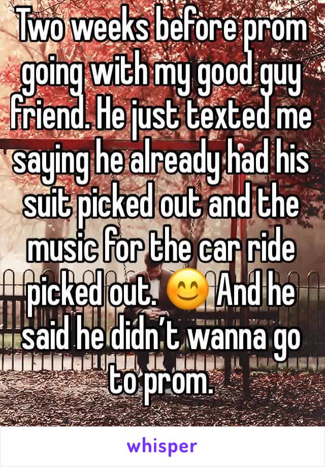 Two weeks before prom going with my good guy friend. He just texted me saying he already had his suit picked out and the music for the car ride picked out. 😊 And he said he didn’t wanna go to prom. 