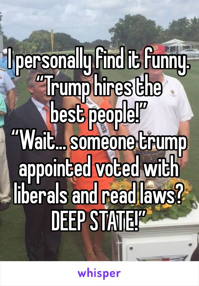 I personally find it funny.
“Trump hires the best people!”
“Wait... someone trump appointed voted with liberals and read laws? DEEP STATE!”