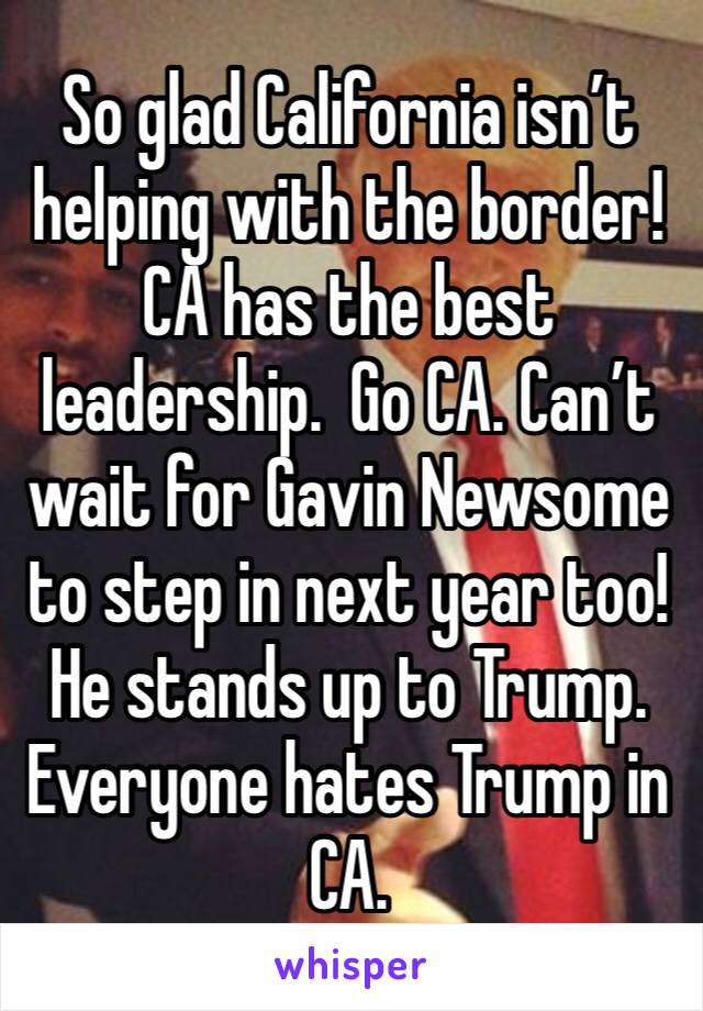 So glad California isn’t helping with the border!  CA has the best leadership.  Go CA. Can’t wait for Gavin Newsome to step in next year too!  He stands up to Trump.  Everyone hates Trump in CA. 