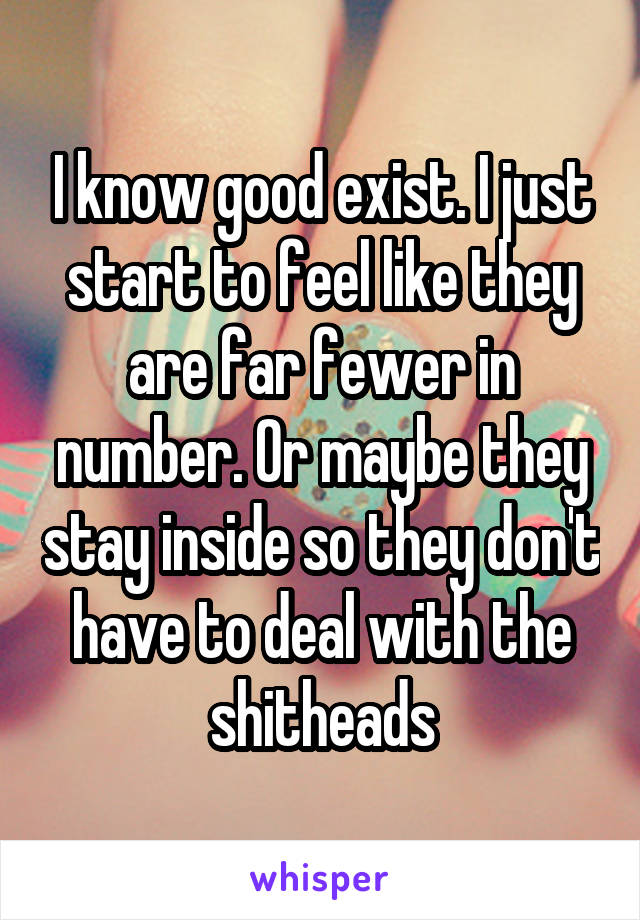 I know good exist. I just start to feel like they are far fewer in number. Or maybe they stay inside so they don't have to deal with the shitheads