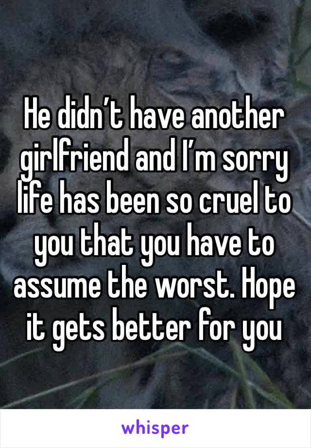 He didn’t have another girlfriend and I’m sorry life has been so cruel to you that you have to assume the worst. Hope it gets better for you