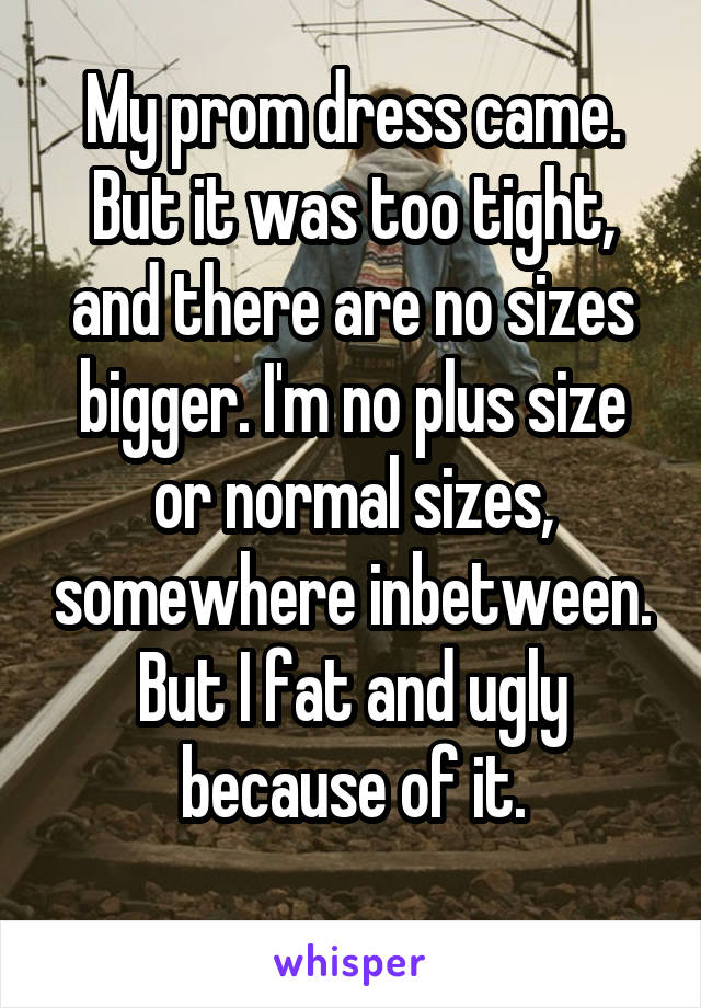 My prom dress came. But it was too tight, and there are no sizes bigger. I'm no plus size or normal sizes, somewhere inbetween. But I fat and ugly because of it.
