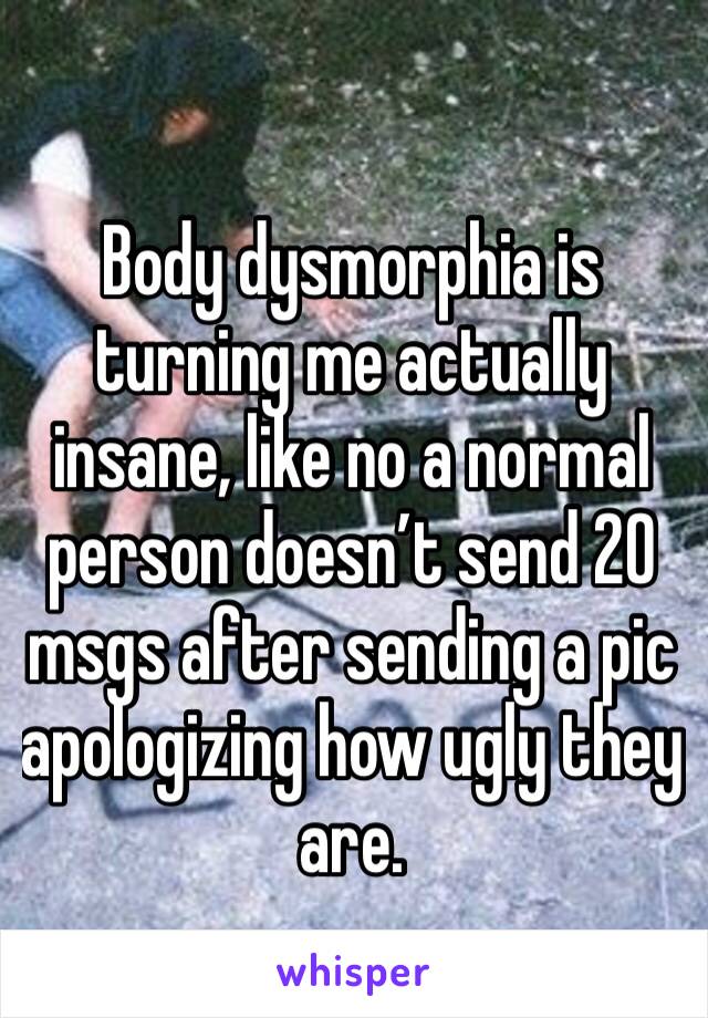 Body dysmorphia is turning me actually insane, like no a normal person doesn’t send 20 msgs after sending a pic apologizing how ugly they are.