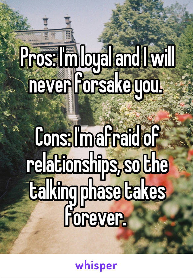 Pros: I'm loyal and I will never forsake you. 

Cons: I'm afraid of relationships, so the talking phase takes forever. 