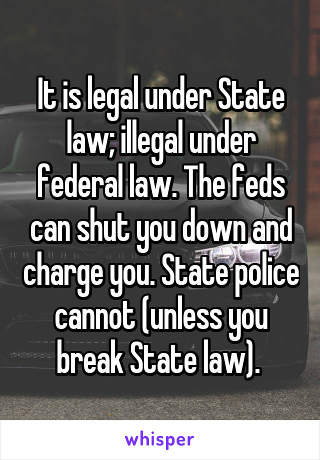 It is legal under State law; illegal under federal law. The feds can shut you down and charge you. State police cannot (unless you break State law). 