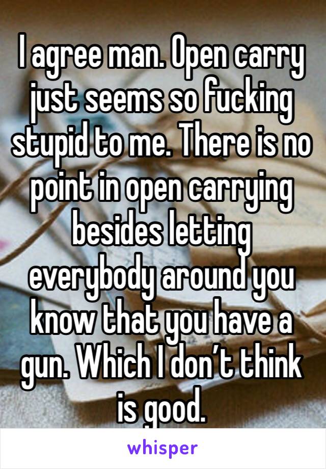 I agree man. Open carry just seems so fucking stupid to me. There is no point in open carrying besides letting everybody around you know that you have a gun. Which I don’t think is good. 