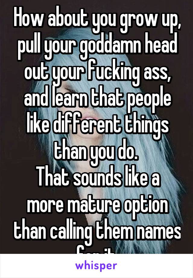 How about you grow up, pull your goddamn head out your fucking ass, and learn that people like different things than you do. 
That sounds like a more mature option than calling them names for it.