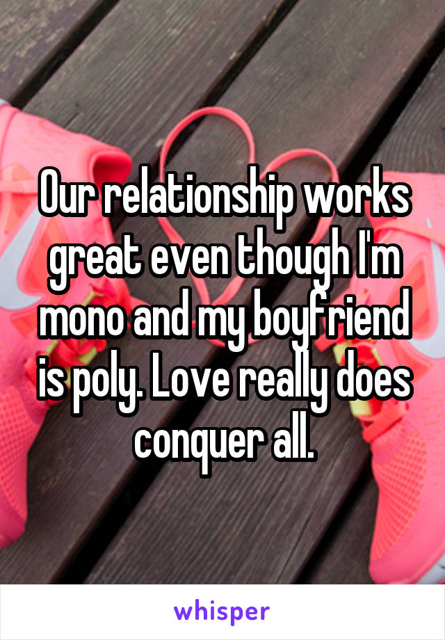 Our relationship works great even though I'm mono and my boyfriend is poly. Love really does conquer all.