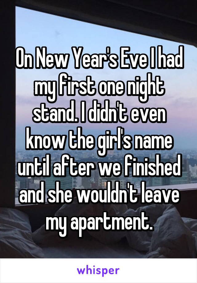 On New Year's Eve I had my first one night stand. I didn't even know the girl's name until after we finished and she wouldn't leave my apartment.