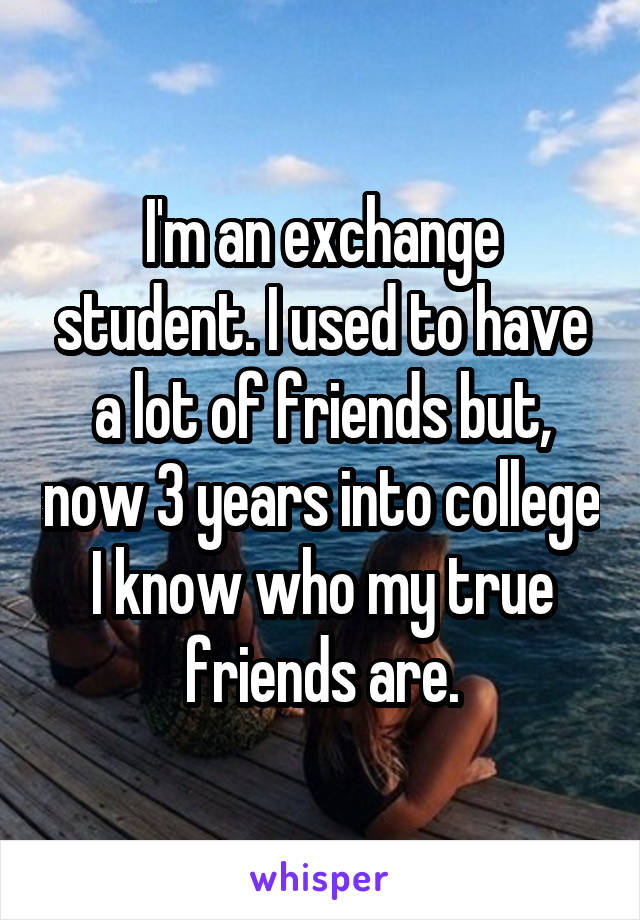 I'm an exchange student. I used to have a lot of friends but, now 3 years into college I know who my true friends are.