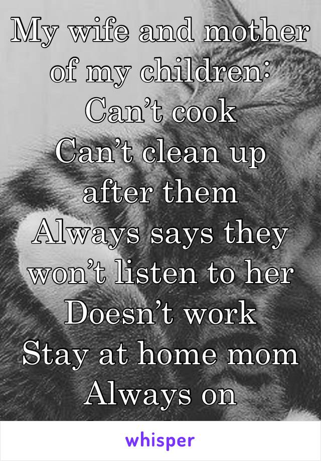 My wife and mother of my children:
Can’t cook
Can’t clean up after them
Always says they won’t listen to her
Doesn’t work
Stay at home mom
Always on her phone