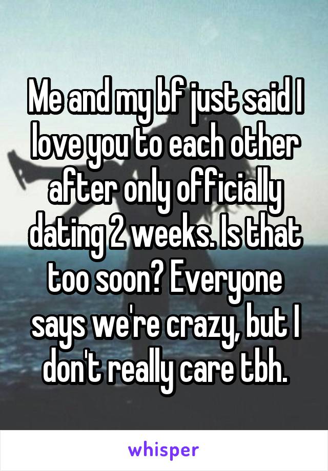 Me and my bf just said I love you to each other after only officially dating 2 weeks. Is that too soon? Everyone says we're crazy, but I don't really care tbh.