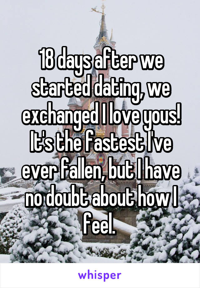 18 days after we started dating, we exchanged I love yous! It's the fastest I've ever fallen, but I have no doubt about how I feel. 