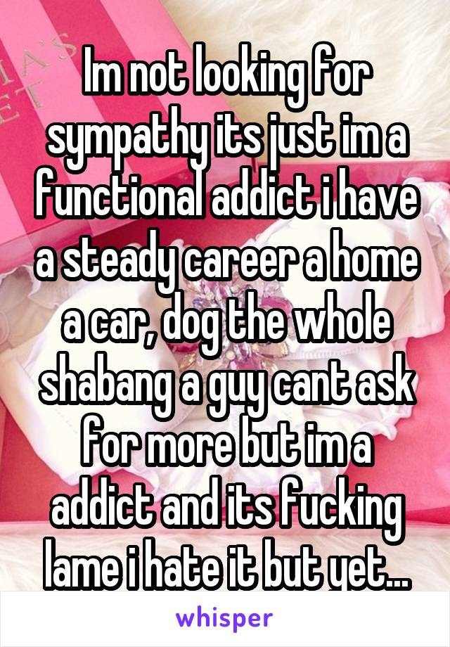 Im not looking for sympathy its just im a functional addict i have a steady career a home a car, dog the whole shabang a guy cant ask for more but im a addict and its fucking lame i hate it but yet...