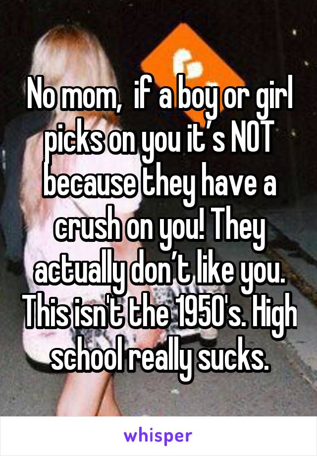 No mom,  if a boy or girl picks on you it’s NOT because they have a crush on you! They actually don’t like you. This isn't the 1950's. High school really sucks.