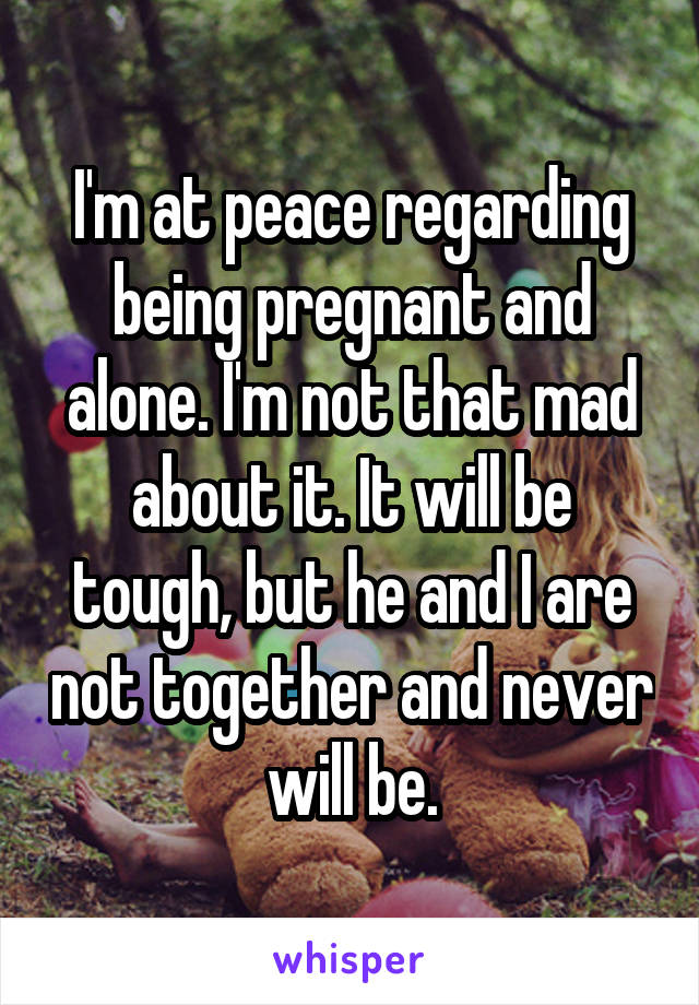 I'm at peace regarding being pregnant and alone. I'm not that mad about it. It will be tough, but he and I are not together and never will be.