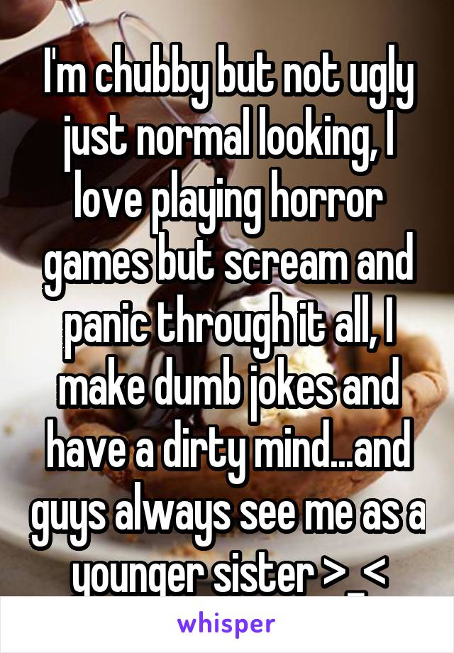 I'm chubby but not ugly just normal looking, I love playing horror games but scream and panic through it all, I make dumb jokes and have a dirty mind...and guys always see me as a younger sister >_<