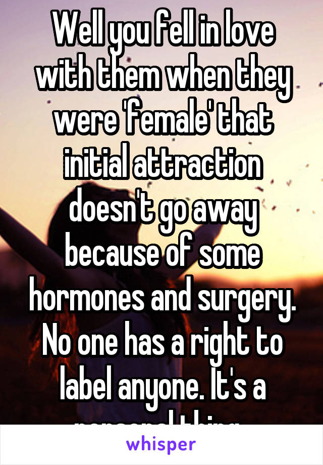 Well you fell in love with them when they were 'female' that initial attraction doesn't go away because of some hormones and surgery. No one has a right to label anyone. It's a personal thing. 